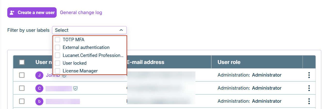 The list of users with the open 'Filter by user labels' drop-down list above the list. The drop-down list contains a check box for each user label.