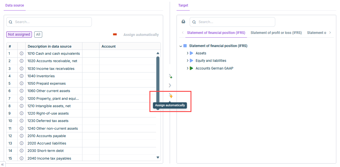 Excerpt from the assignment table. The tooltip for the 'Assign automatically' button is displayed.