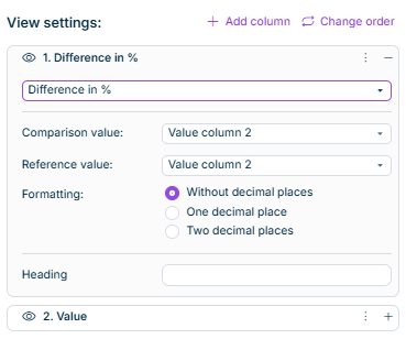 The column settings for the column type 'Difference in %' are displayed. Further information can be found in the description.
