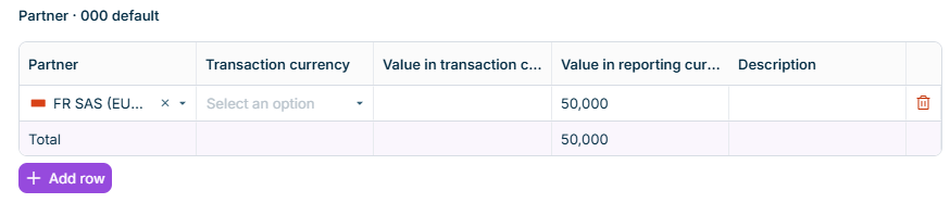 The drill down dialog for a partner row displays the transaction table with one row per transaction and the columns for partner, transaction currency, values, and transaction description.