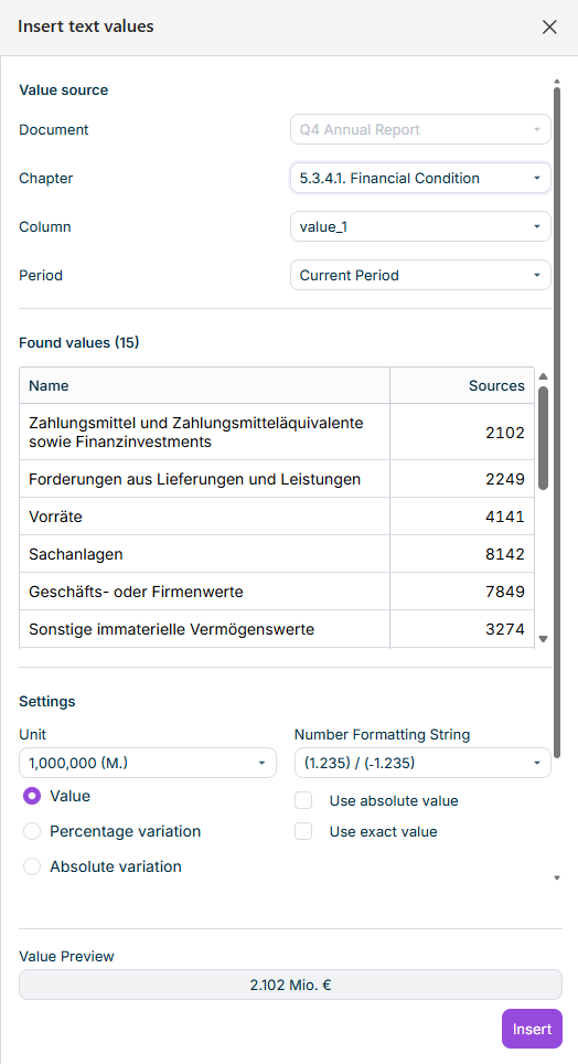 The 'Insert text values' task pane in Office for the Web, with options to select document, chapter, column, and period, and a list of the available values.