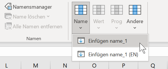 The menu of the 'Name' button is displayed in the Excel ribbon.