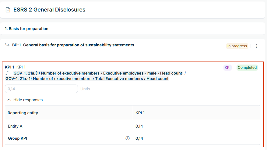 The aggregated report showing a KPI with its formula and the expanded table with one row per reporting entity and the 'Group KPI' row.