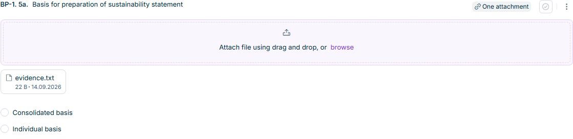 The attachment area of a question, with the drop zone 'Attach file using drag and drop, or browse' and an attached file below it.