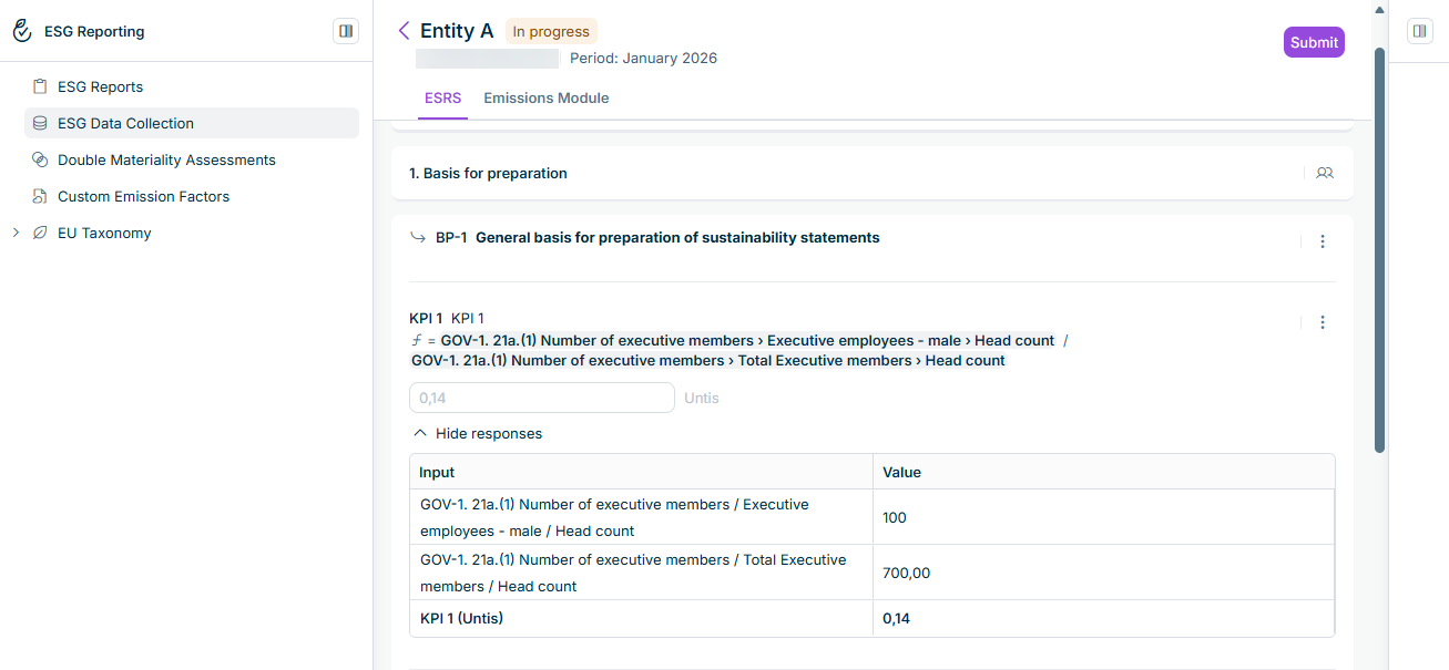 A KPI in the questionnaire, showing the formula icon, the formula with both input values, the read-only value field with its unit, and the 'Show responses' option.