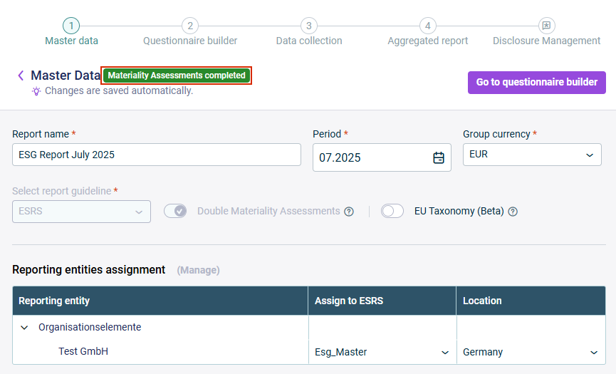 The master data page with the 'Materiality Assessments completed' status highlighted; the report guideline and 'Double Materiality Assessments' fields are greyed out and the 'Go to questionnaire builder' button is enabled