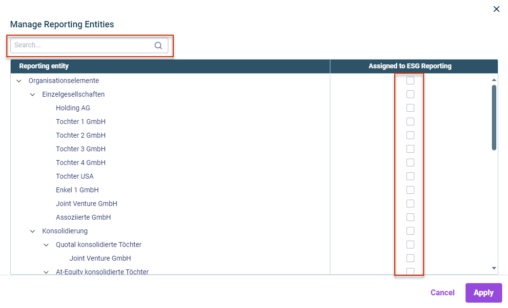 The 'Manage Reporting Entities' dialog with the search field and the 'Assigned to ESG Reporting' column highlighted; reporting entities are shown as a hierarchy of organization elements