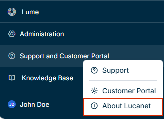 Shows the context menu of the 'Support and Customer Portal' section in the main menu. The 'About Lucanet' option is outlined in red.