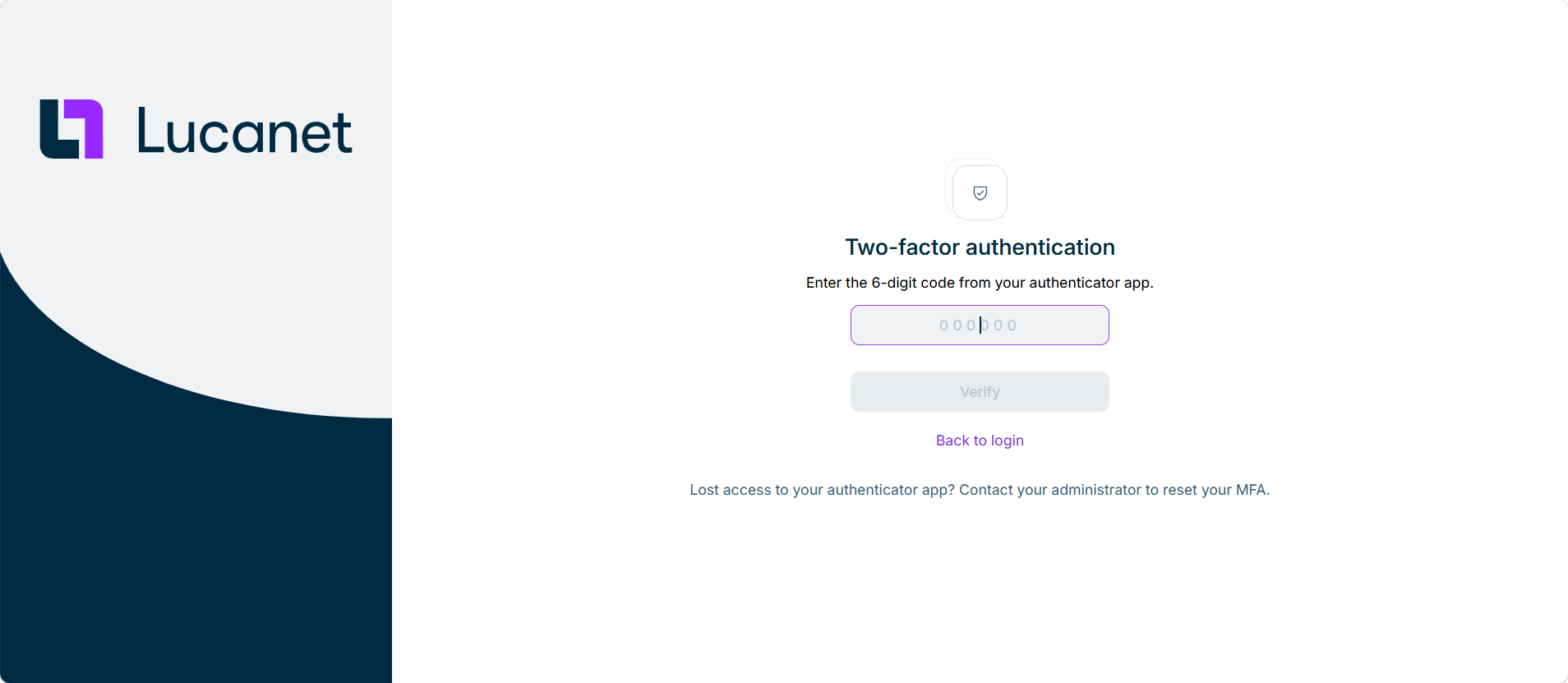 Page 'Two-factor authentication' with the field for the authentication code and the 'Verify' button.