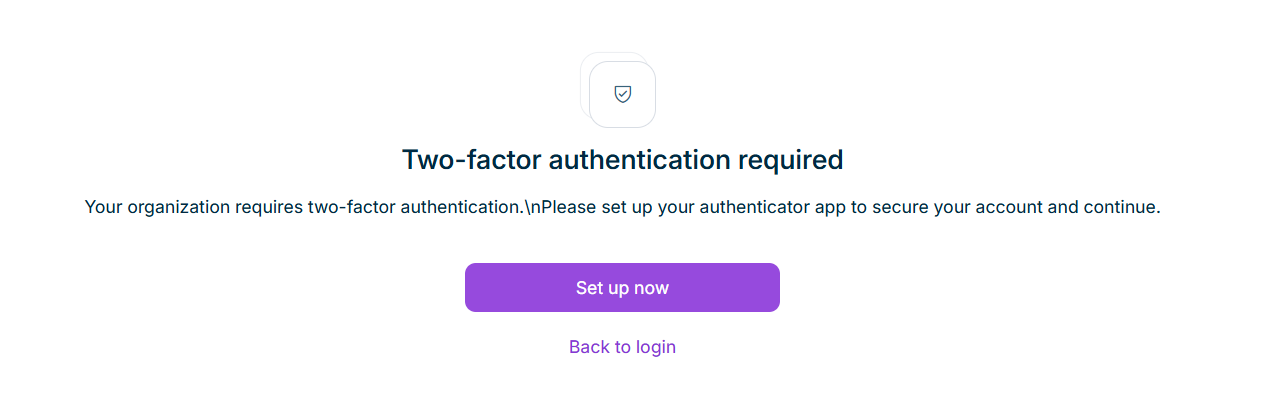 Page 'Two-factor authentication required' with the 'Set up now' button.