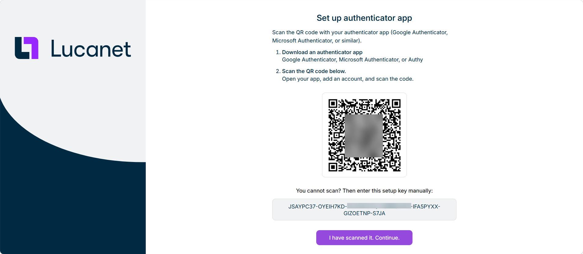 Page 'Set up authenticator app' with the two setup steps, the QR code, and the setup key below the QR code.