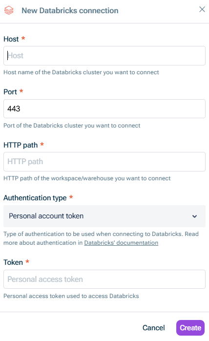 Shows the 'New Databricks connection' dialog, with fields for Host, Port, HTTP path, Authentication type (set to 'Personal account token'), and Token.