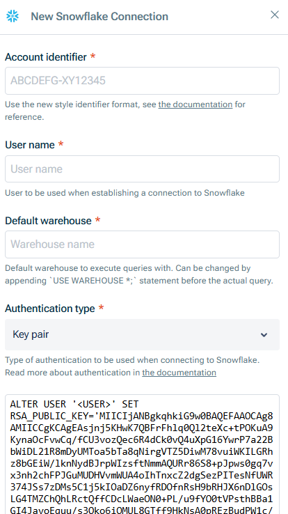 Shows the 'New Snowflake Connection' dialog, with fields for Account identifier, User name, Default warehouse, and Authentication type (set to 'Key pair'), including the SQL statement to associate the displayed public key with the Snowflake user.