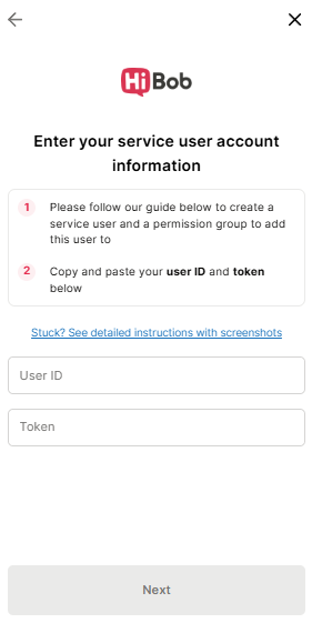 Shows the HiBob screen to enter service user account information, with fields for 'User ID' and 'Token'.