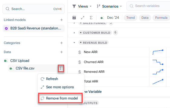 Shows the three-dot menu behind a data source ('CSV file.csv') in the model overview, highlighted in red, with the option 'Remove from model' highlighted in red.
