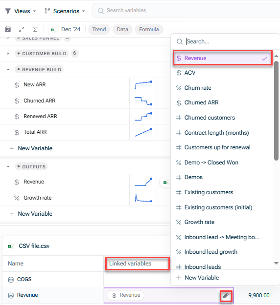 Shows the variable search list opened from the pen icon in the 'Linked variables' column, highlighted in red, with the already-linked variable 'Revenue' highlighted in red at the top of the list.