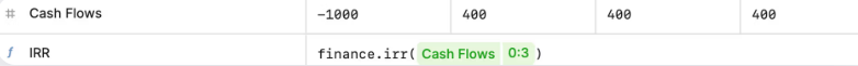 Shows a formula in Lucanet xP&A: 'IRR' = finance.irr('Cash Flows' 0:3), calculated from the 'Cash Flows' row with values -1000, 400, 400, and 400.