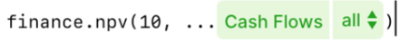 Shows a formula in Lucanet xP&A: finance.npv(10, ... 'Cash Flows' (all)).