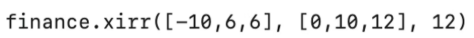 Shows a formula in Lucanet xP&A: finance.xirr([-10,6,6], [0,10,12], 12).