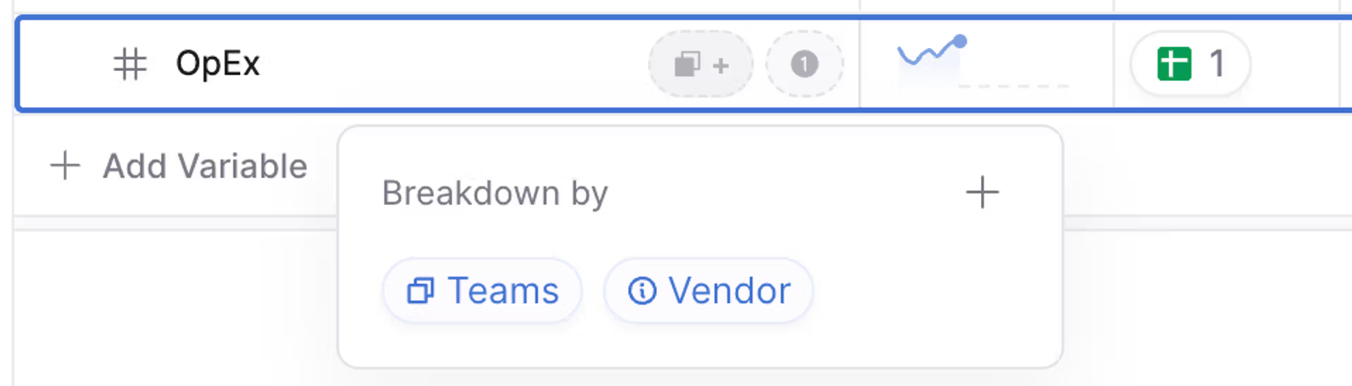 Shows the 'OpEx' variable in xP&A, highlighted in blue, with its 'Breakdown by' menu open showing the dimensions 'Teams' and 'Vendor' available to add.