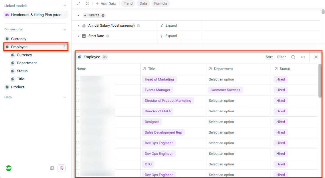 Shows the 'Employee' dimension in xP&A, selected in the 'Dimensions' sidebar and expanded in the bottom panel as a table of 33 rows with columns 'Name', 'Title', 'Department', and 'Status', for example 'Head of Marketing' with 'Hired' status. Both the sidebar selection and the bottom panel are highlighted in red.
