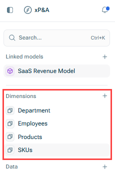 Shows the 'Dimensions' section in the xP&A model sidebar, highlighted in red, with 'Employee' expanded to show 'Currency', 'Department', 'Location', and 'Title'.