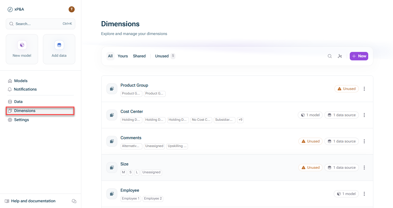 Shows the xP&A navigation sidebar with 'Dimensions' highlighted in red, and the 'Dimensions' workspace listing dimensions such as 'Product Group', 'Cost Center', 'Comments', 'Size', and 'Employee'.