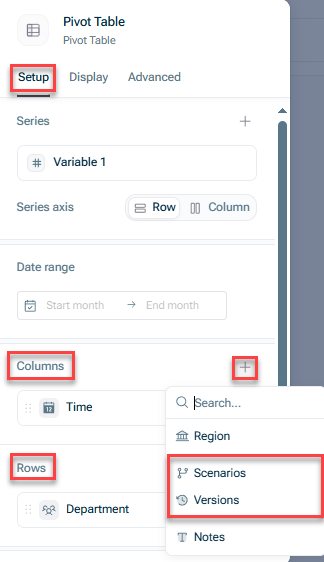 Shows the 'Setup' tab of a table's settings in xP&A. Highlighted in red are the 'Columns' and 'Rows' sections, the + icon, and the 'Scenarios' and 'Versions' options in the resulting drop-down list.