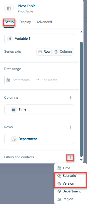 Shows the 'Setup' tab of a table's settings in xP&A. Highlighted in red are the + icon in the 'Filters and controls' section and the 'Scenario' and 'Version' options in the resulting drop-down list.