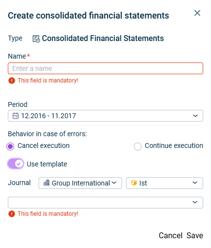 Shows the 'Create Consolidated Financial Statements' dialog. The options 'Cancel execution' and 'Use template' are activated.