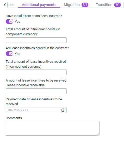 Shows the 'Additional payments' tab, which is displayed for the configuration of a lease component.