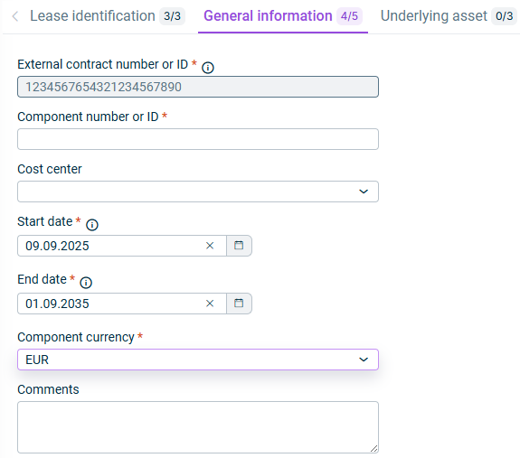 Displays the 'General information' tab, which is displayed for the configuration of a contract component.