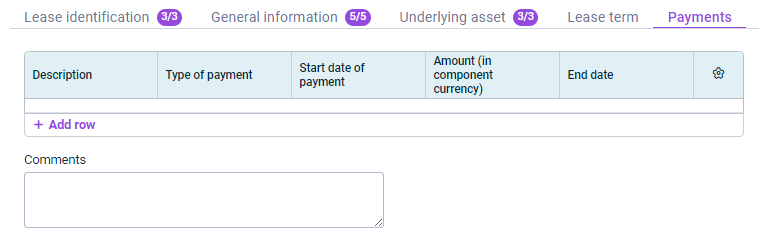Shows the 'Payments' tab, which is displayed for the configuration of a lease component.