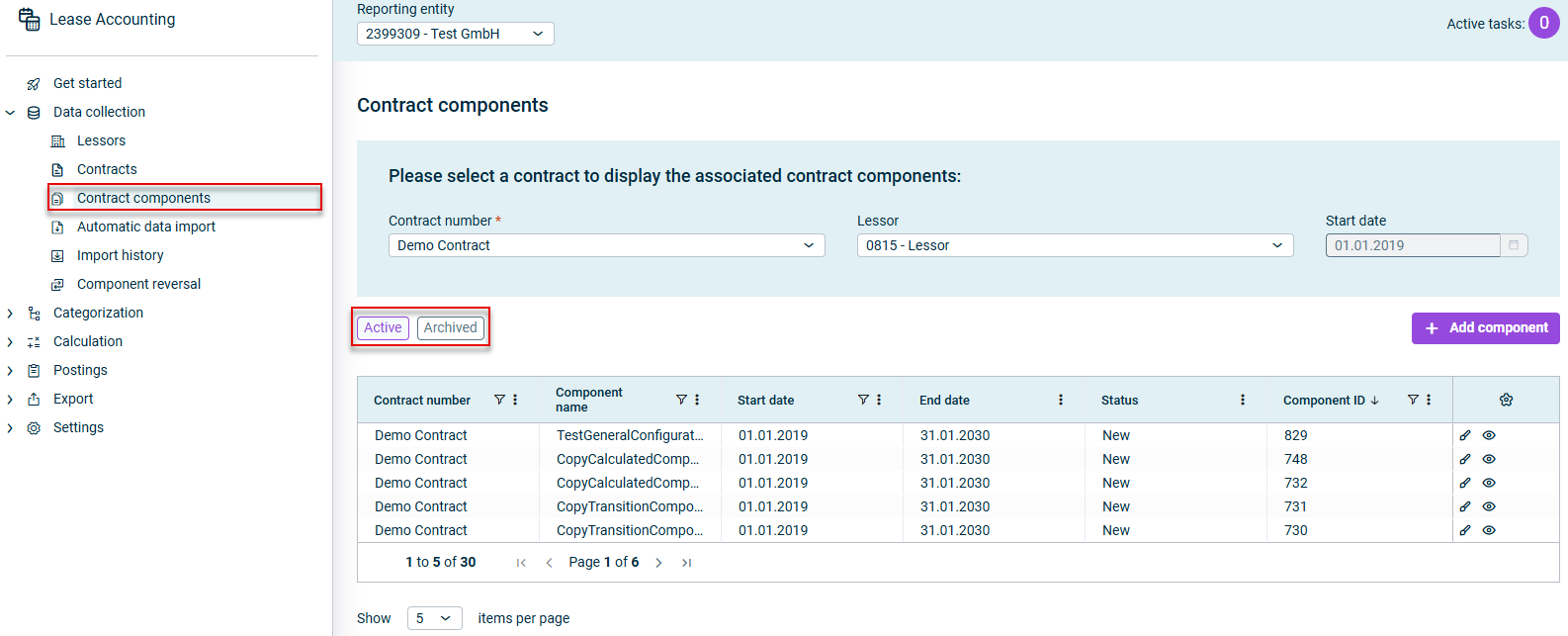 Displays the Contract components workspace