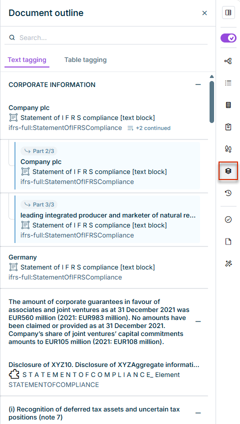 Document Outline in the XBRL Tagger