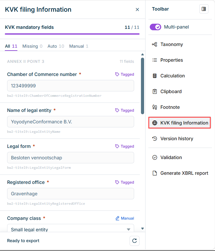 KVK filing Information panel in the XBRL Tagger