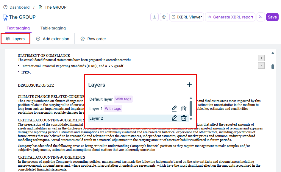 Layers and Layer manager in XBRL Tagger