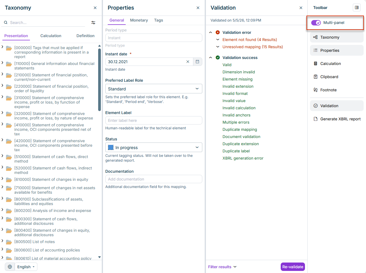 Multi-panel mode enabled in the XBRL tagger