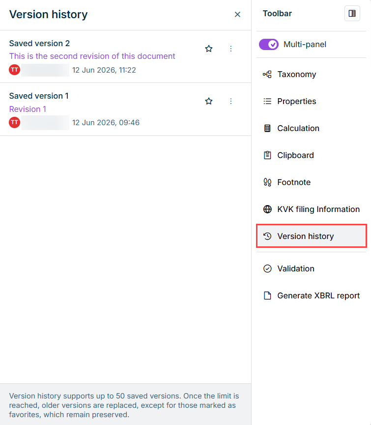 Version history in the XBRL Tagger