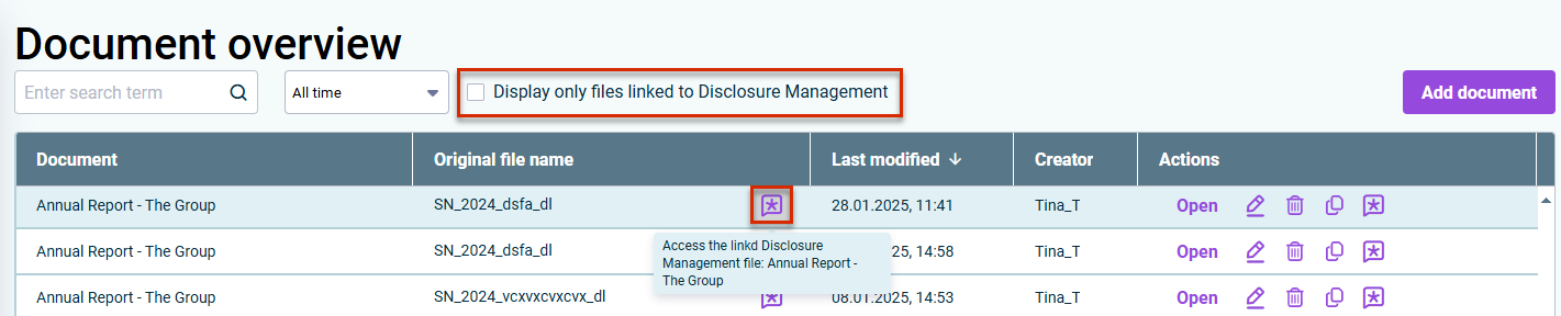 Open linked document in Disclosure Management