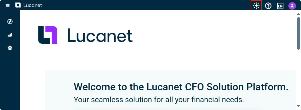 The start page of the CFO Solution Platform is displayed. The Lucanet Copilot in the top bar is highlighted in red.