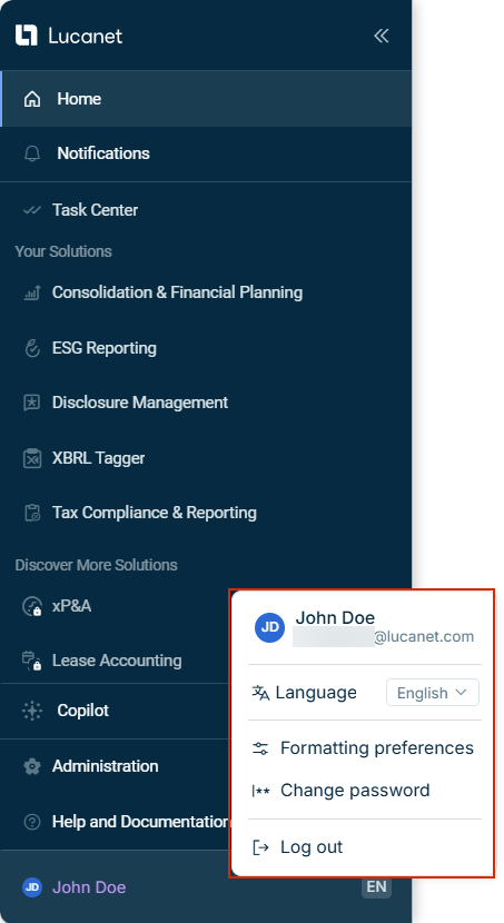 New main menu of the Lucanet CFO Solution Platform in expanded state with the account menu open, showing user info, language selector, formatting preferences, change password, and log out options