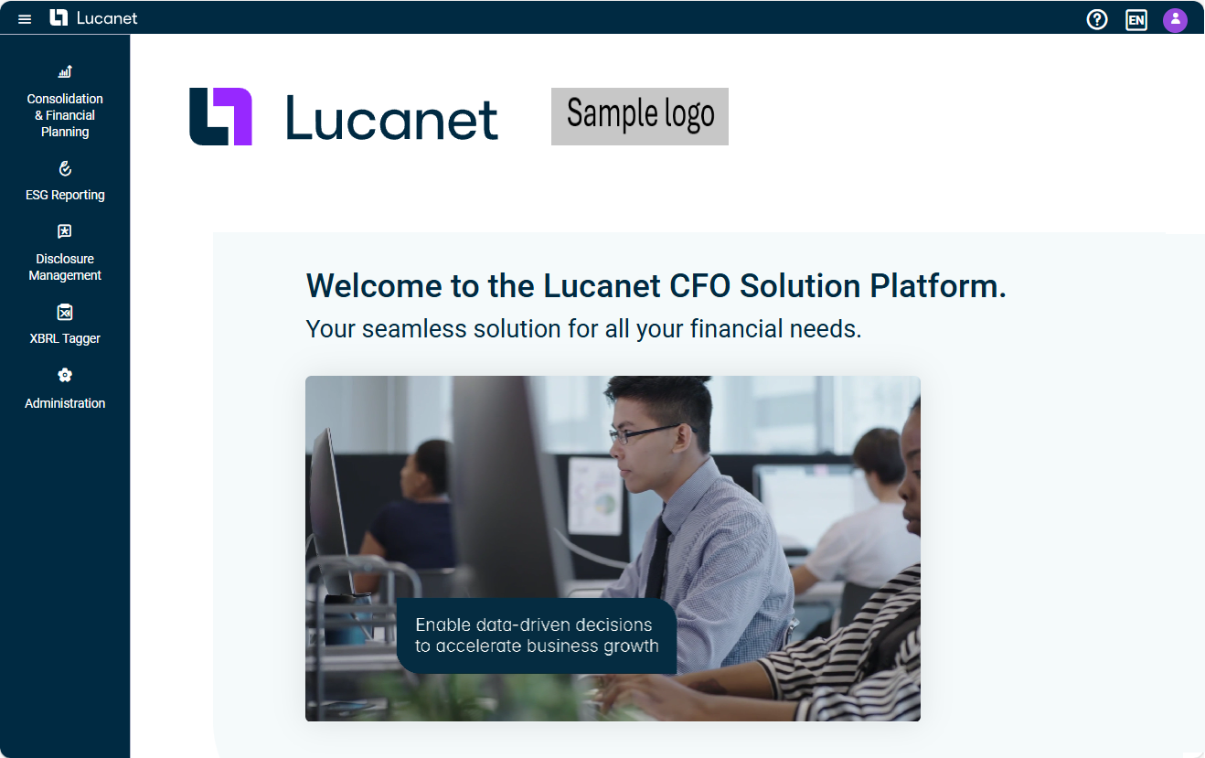 Displays the start page. Next to the Lucanet logo is an example of a customer logo.