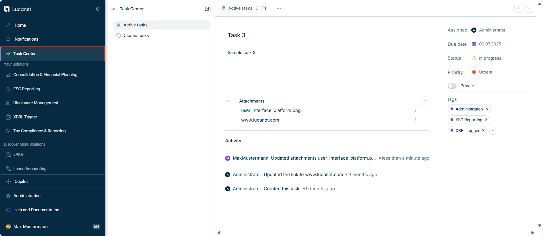 Displays the user interface of the Task Center.
