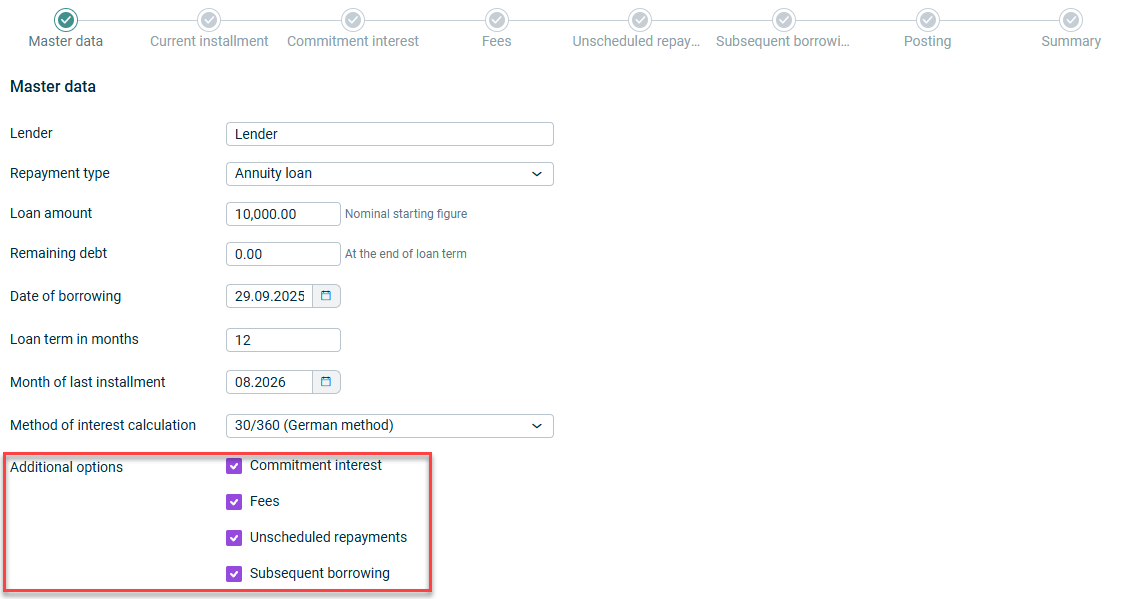 Shows the 'Master data' step of the loan wizard. Highlighted in red are the available addiitional options