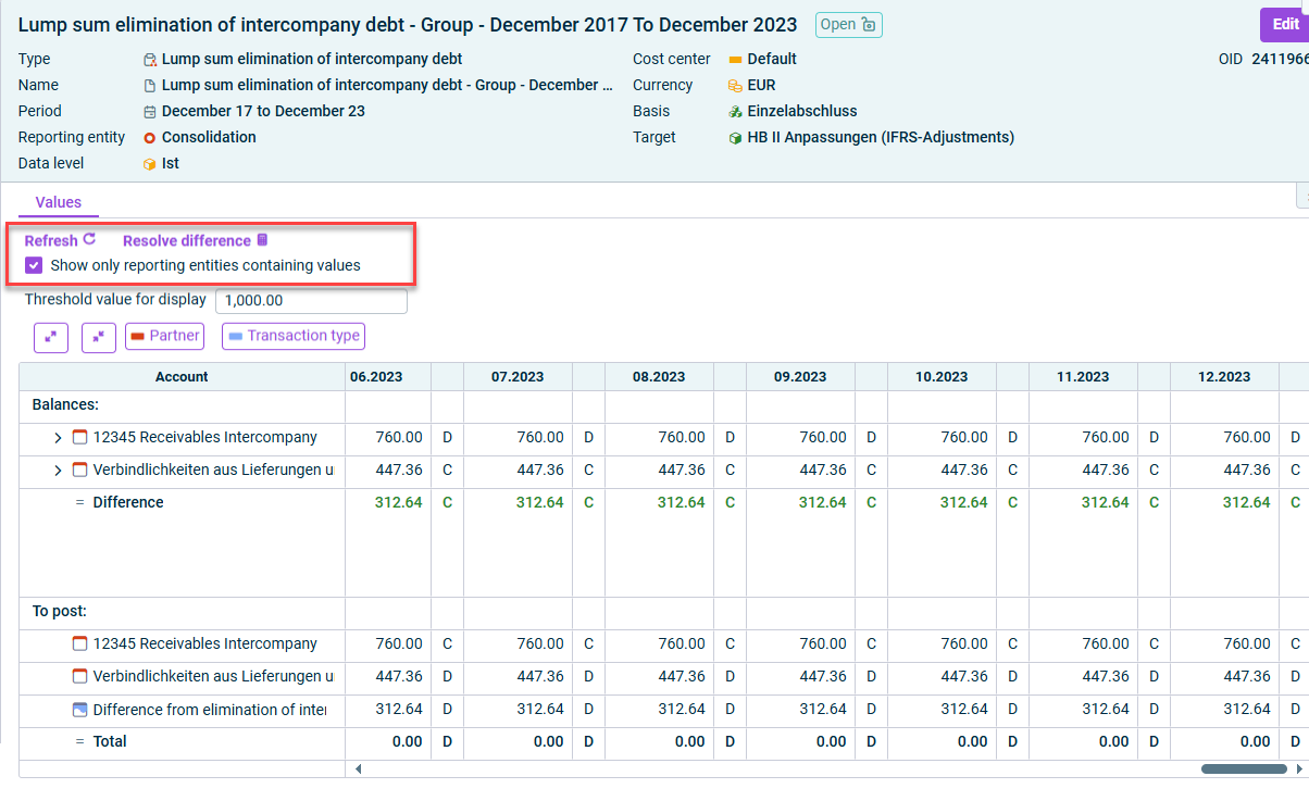 Shows a consolidation wizard for lump sum elimination of intercompany debt. Highlighted is the section with the new functionalities 'Resolve difference' and 'Show only reporting entities containing values'