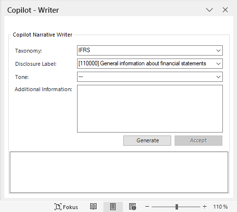 Word window with drop-down list for selecting a label and text field for entering additional information. 'General information about financial statements' is used as an example.