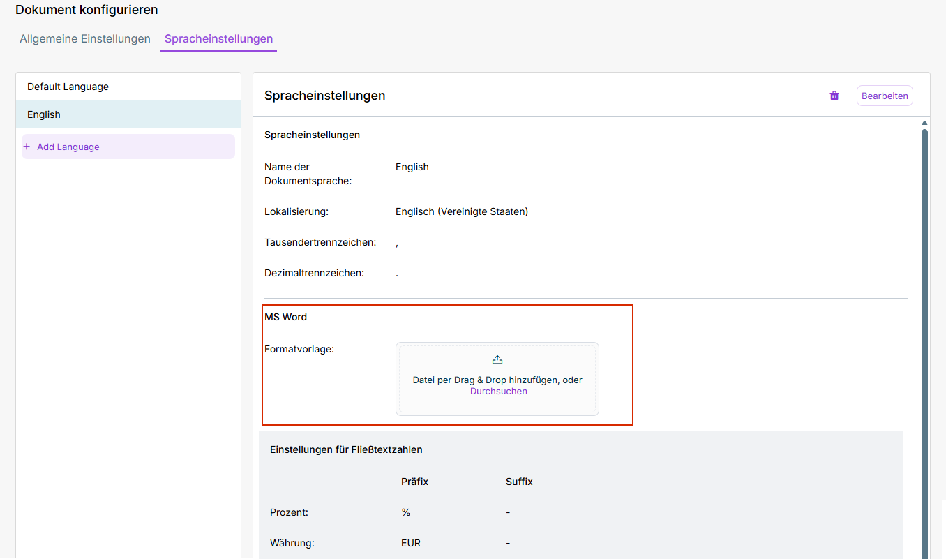Formatvorlagen in den Spracheinstellungen hochladen