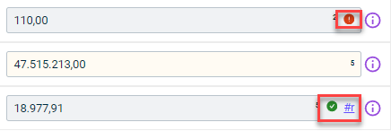 An excerpt from the data view with the icons for validated and referenced values is displayed, i. e. with a red exclamation mark, a green exclamation mark, and a #r.