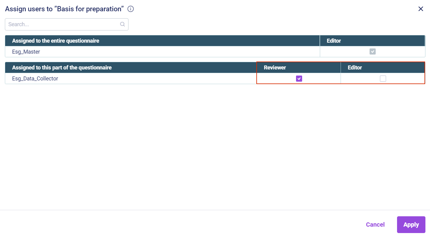 The dialog 'Assign users to 'Basis for preparation' is displayed. The 'Reviewer' and 'Editor' columns are highlighted in red.
